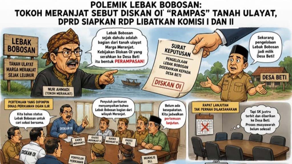Caption karikatur : Tokoh Meranjat sebut diskan rampas tanah Ulayat.